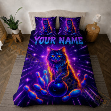 Maxcorners Bowling Neon Purple Cat Strike Bedding Set 3D All Over Printed
