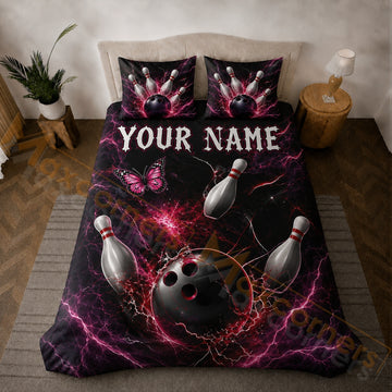 Maxcorners Bowling Pink Lightning Strike Bedding Set 3D All Over Printed