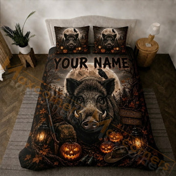 Maxcorners Hunting Halloween Boar Full Moon Pumpkin Bedding Set 3D Printed Custom Name