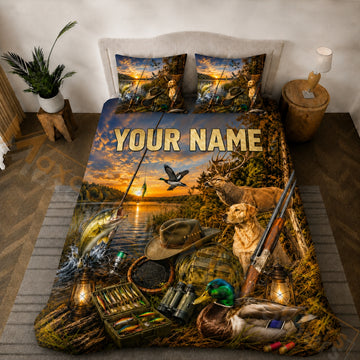 Maxcorners Hunting Golden Sunset Outdoor Adventure Fishing Wildlife Bedding Set 3D Printed Custom Name