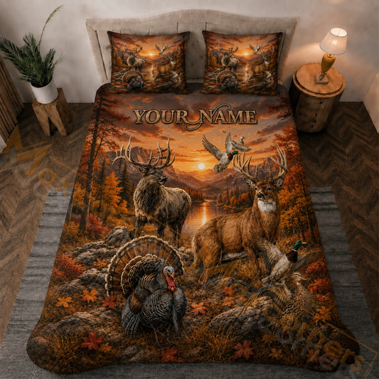 Maxcorners Hunting Autumn Mountain Wildlife Sunset Bedding Set 3D Printed Custom Name