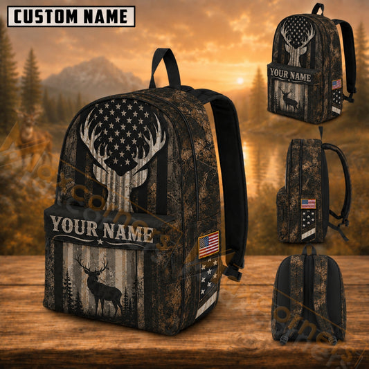 Maxcorners Hunting Vintage Flag Deer Silhouette Tree Bark Camo Custom Name 3D Backpack