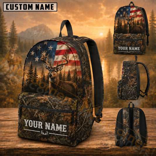 Maxcorners Hunting Vintage Flag Deer Antlers Woodland Tree Camo Custom Name 3D Backpack