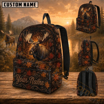 Maxcorners Hunting Fall Maple Leaves Moose Brown Forest Custom Name 3D Backpack