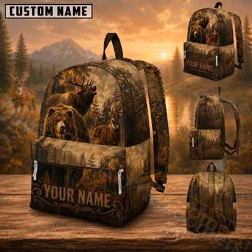 Maxcorners Hunting Grizzly Woodland Landscape Custom Name 3D Backpack