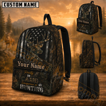 Maxcorners Hunting Buck Head American Flag Woodland Camo Custom Name 3D Backpack
