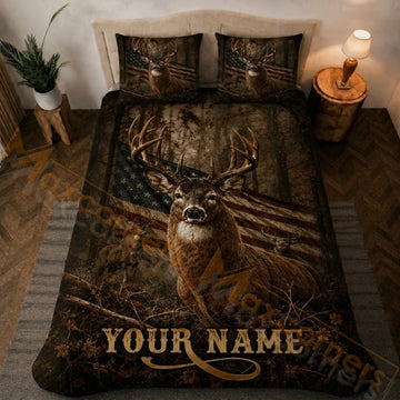 Maxcorners Hunting Rustic Deer American Flag Forest Bedding Set 3D Printed Custom Name