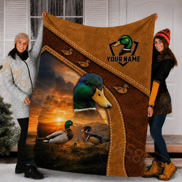 Maxcorners Hunting Duck Family Brown Sunset Custom Name 3D Blanket