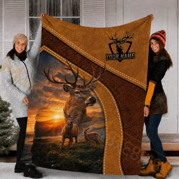 Maxcorners Hunting Deer Family Brown Sunset Custom Name 3D Blanket