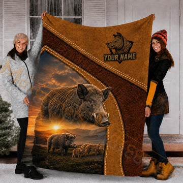 Maxcorners Hunting Wild Boar Family Brown Sunset Custom Name 3D Blanket