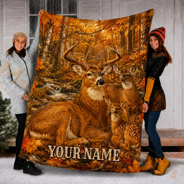 Maxcorners Hunting Deer Family Autumn Forest Custom Name 3D Blanket