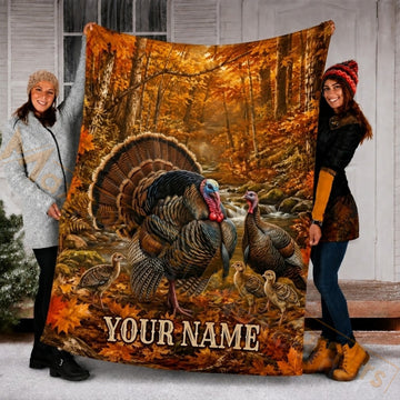 Maxcorners Hunting Turkey Family Autumn Forest Custom Name 3D Blanket