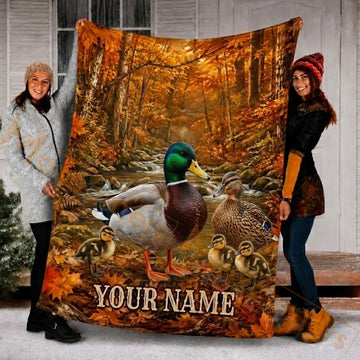 Maxcorners Hunting Duck Family Autumn Forest Custom Name 3D Blanket