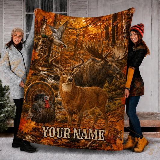 Maxcorners Hunting WildLife Autumn Forest Custom Name 3D Blanket