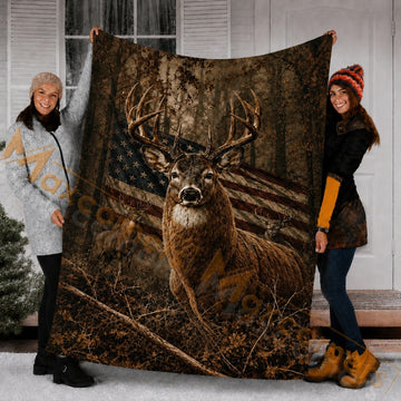 Maxcorners Hunting Whitetail Deer American Flag Rustic Brown Custom Name 3D Blanket