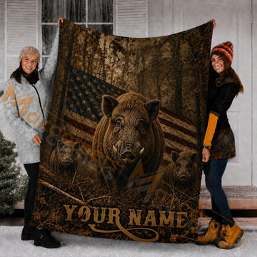 Maxcorners Hunting Wild Boar American Flag Dark Brown Custom Name 3D Blanket