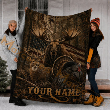 Maxcorners Hunting Deer Moose Turkey Rustic Brown Custom Name 3D Blanket
