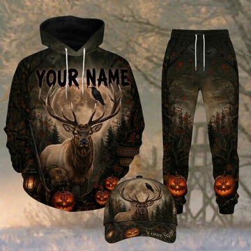 Maxcorners Hunting Halloween Elk Hunter Brown Forest Personalized 3D Combo Hoodie, Sweatpants Set & Cap