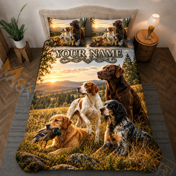 Maxcorners Hunting Dogs Duck Sunset Mountain Field Golden Brown Bedding Set 3D Printed Custom Name