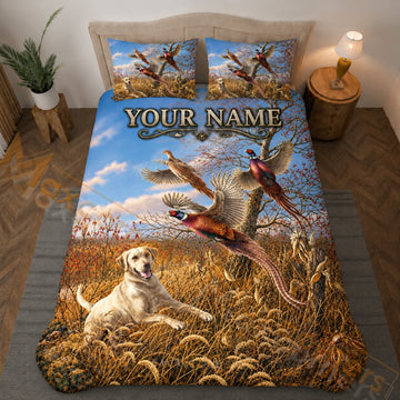 Maxcorners Hunting Pheasant Dog Autumn Field Sky Blue Brown Bedding Set 3D Printed Custom Name