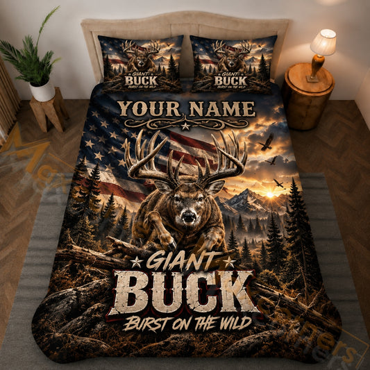 Maxcorners Hunting Giant Buck American Flag Sunset Forest Dark Brown Bedding Set 3D Printed Custom Name