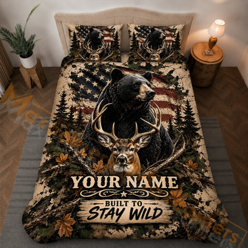 Maxcorners Hunting Bear Deer American Flag Camo Forest Rustic Brown Bedding Set 3D Printed Custom Name