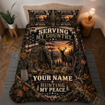 Maxcorners Hunting Veteran Deer Archer American Flag Forest Camo Brown Bedding Set 3D Printed Custom Name