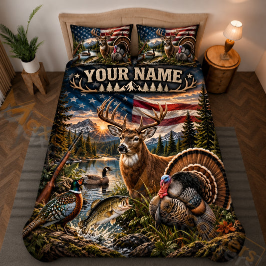 Maxcorners Hunting Wildlife Deer Turkey Duck Bass American Flag Rustic Brown Bedding Set 3D Printed Custom Name