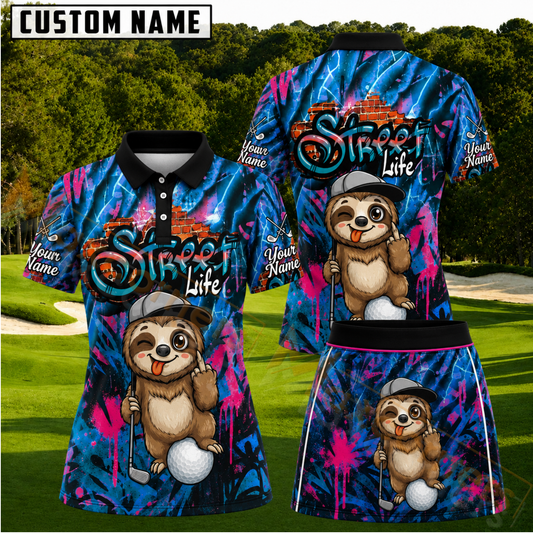 Maxcorners Graffiti Street Life Sloth Personalized Name 3D Golf Shirt and Skirt