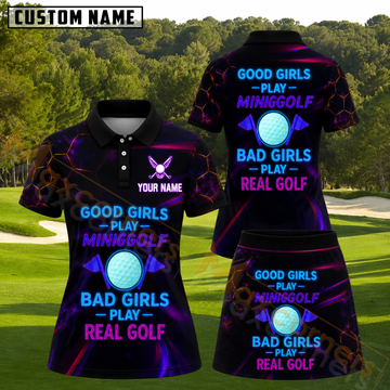 Maxcorners Neon Good Girls Play Minigolf Bad Girls Play Real Golf Personalized Name 3D Golf Shirt and Skirt