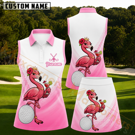 Maxcorners White Pink Fancy Flamingo Cocktail Personalized Name 3D Golf Shirt and Skirt
