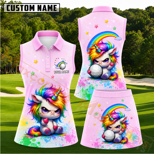 Maxcorners Pink Angry Rainbow Unicorn Personalized Name 3D Golf Shirt and Skirt