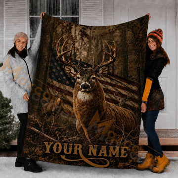 Maxcorners Hunting Whitetail Deer American Flag Rustic Brown Custom Name 3D Blanket