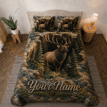 Maxcorners Brown Green Elk Rocky Forest Bedding Set 3D Print Custom Name