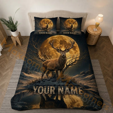 Maxcorners Golden Moon Deer Winter Forest Bedding Set 3D Print Custom Name