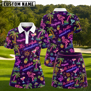 Maxcorners Purple Neon Flamingo Margarita Tropical Pattern 3D Golf Shirt and Skirt (No Personalized Name)