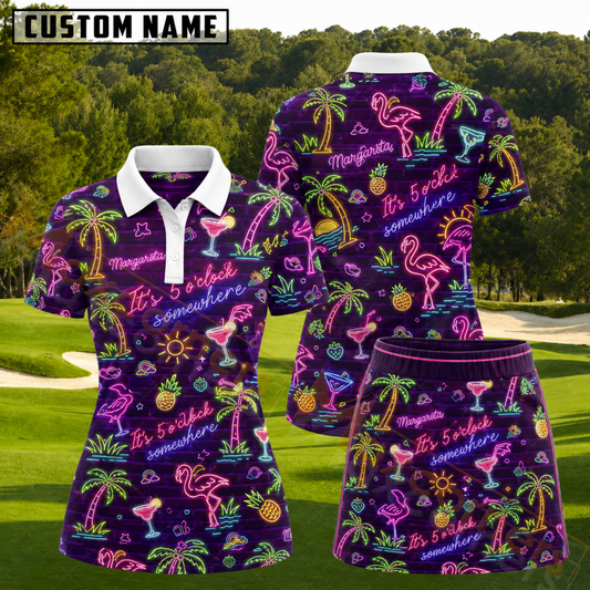 Maxcorners Purple Neon Flamingo Margarita Tropical Pattern 3D Golf Shirt and Skirt