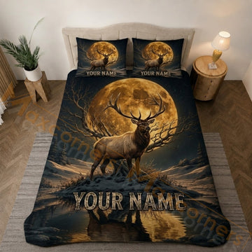 Maxcorners Golden Moon Elk Winter Forest Bedding Set 3D Print Custom Name