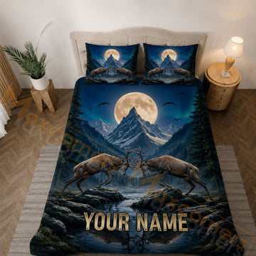 Maxcorners Moonlit Deer Mountain Blue Bedding Set 3D Print Custom Name