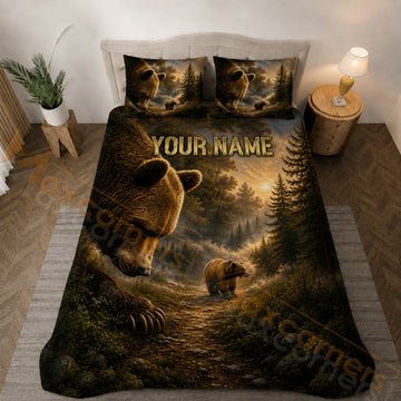 Maxcorners Bear Forest Sunset Bedding Set 3D Print Custom Name