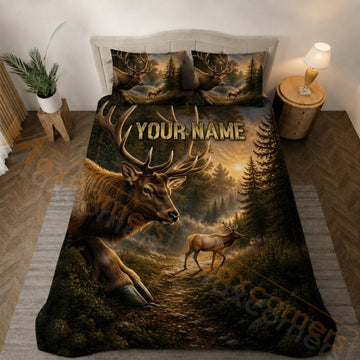 Maxcorners Elk Forest Sunset Bedding Set 3D Print Custom Name
