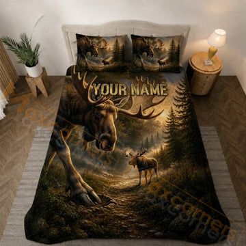 Maxcorners Moose Forest Sunset Bedding Set 3D Print Custom Name