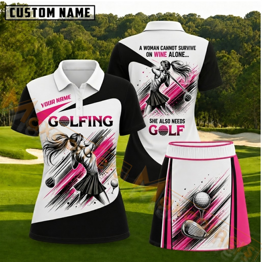 Maxcorners Black White and Hot Pink Female Golfer Personalized Name 3D Golf Shirt and Skirt