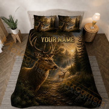 Maxcorners Deer Forest Sunset Bedding Set 3D Print Custom Name