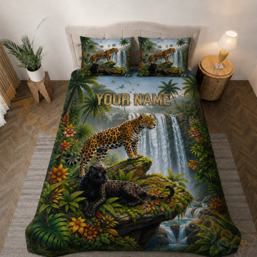 Maxcorners Tropical Jaguar Waterfall Jungle Bedding Set 3D Print Custom Name
