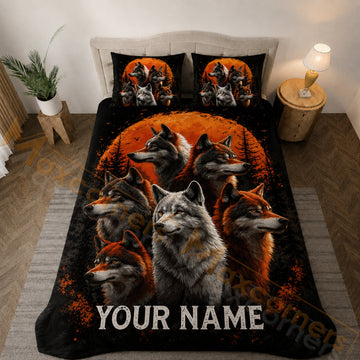 Maxcorners Orange Moon Wolf Pack Black Bedding Set 3D Print Custom Name