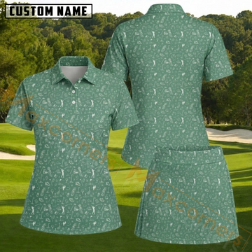 Maxcorners Sage Green Golf Equipment Doodle Pattern 3D Golf Shirt and Skirt (No Personalized Name)