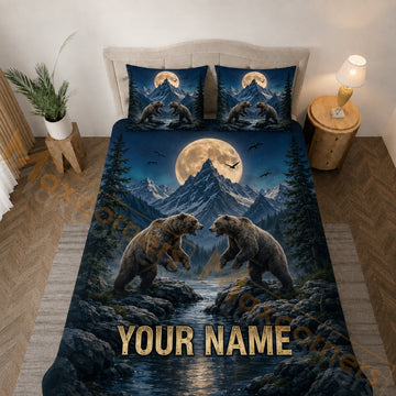 Maxcorners Moonlit Fighting Bears Mountain Blue Bedding Set 3D Print Custom Name