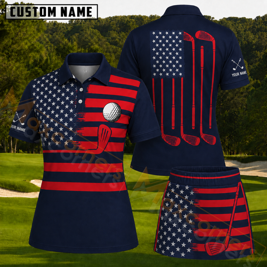 Maxcorners Navy Blue Red American Flag Golf Clubs Personalized Name 3D Golf Shirt and Skirt