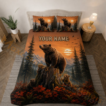 Maxcorners Orange Sunset Bear Family Forest Bedding Set 3D Print Custom Name